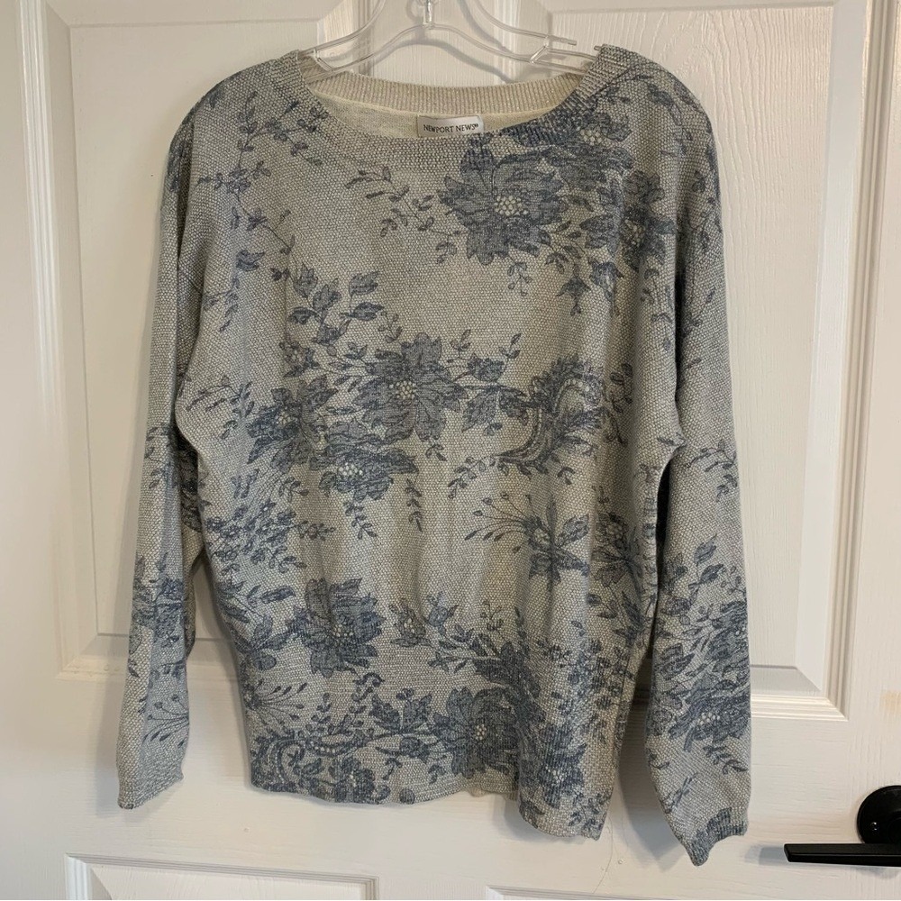 Newport News Blue‎ Floral Toile Metallic Silver Knit Sweater Rabbit Hair Blend M